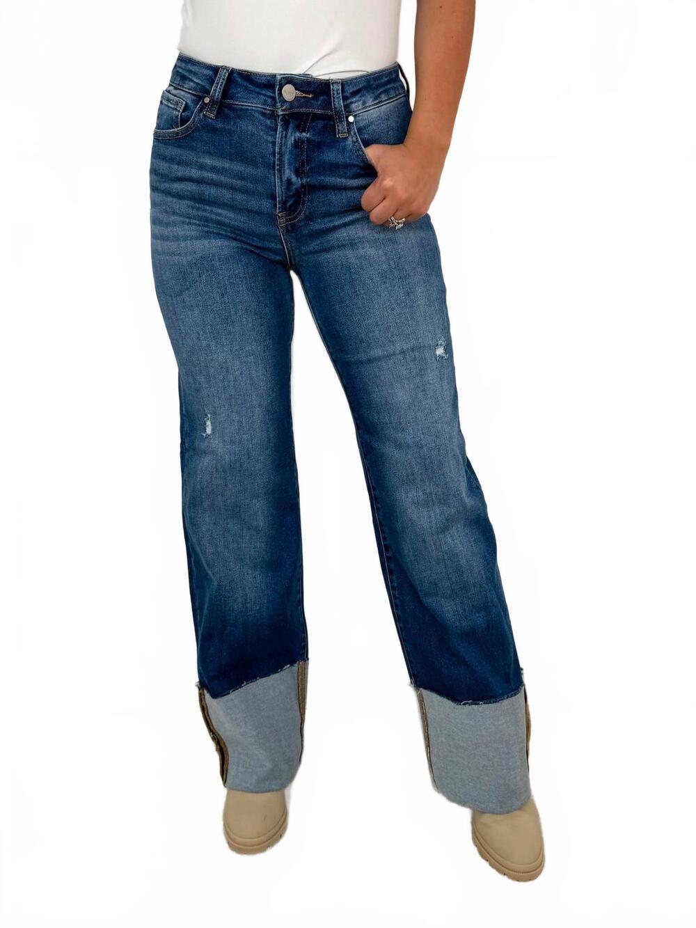 NEW RISEN april distressed high-rise wide leg jeans in dark wash denim